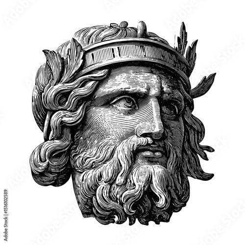 A bearded man with a headband is depicted in a classic woodcut illustration from a bygone era