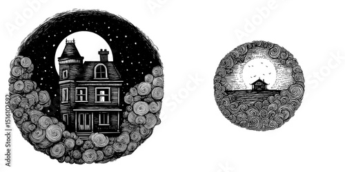 This vintage illustration features a house surrounded by clouds that are swirling