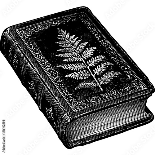 A book adorned with leaf patterns is shown in a classic woodcut illustration