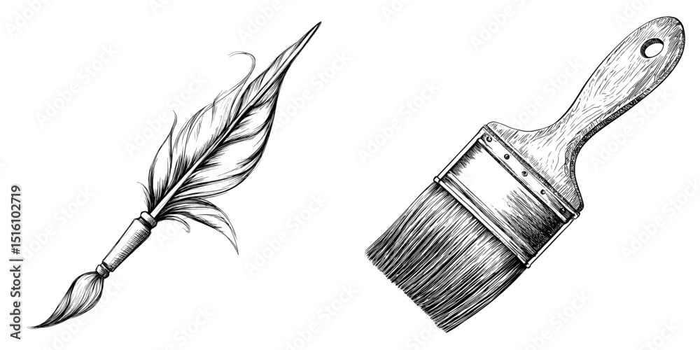 Modern illustration featuring a black and white sketch of a paintbrush with detailed bristles and handle