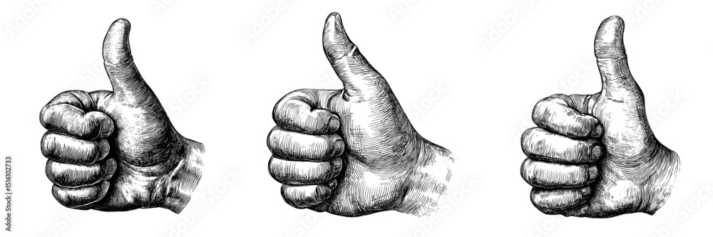 Modern illustration featuring a detailed black and white line art sketch of a hand giving a thumbs up gesture