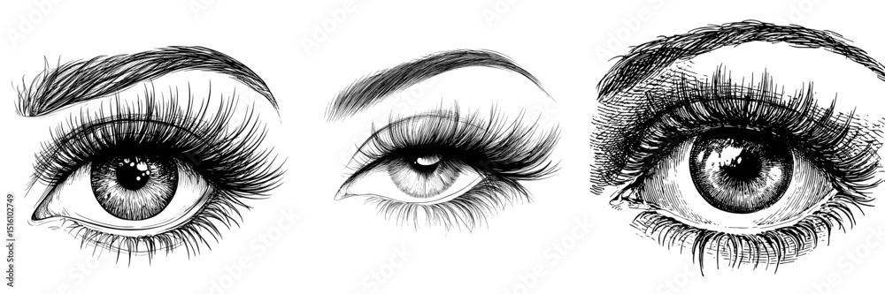 A detailed human eye with long eyelashes is depicted in a modern black and white sketch illustration