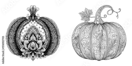 This modern illustration showcases a pumpkin in a detailed black and white sketch with intricate line art