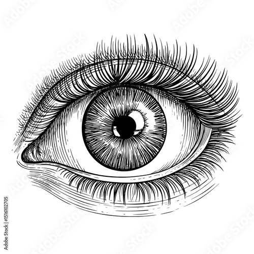 A detailed drawing of a human eye with intricate eyelashes is depicted in modern black and white sketch illustration