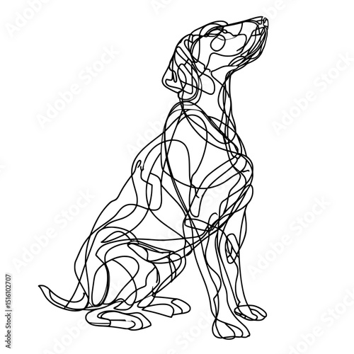 Modern illustration featuring an abstract art continuous line drawing of a dog with its head raised while sitting