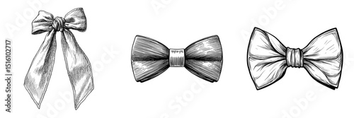 A classic bow tie is depicted in an elegant black and white sketch illustration with a modern twist