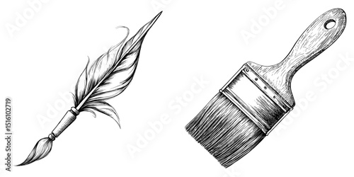 Modern illustration featuring a black and white sketch of a paintbrush with detailed bristles and handle