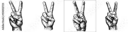 Modern illustration of a hand displaying a V sign with fingers in detailed black and white sketch art