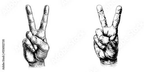 A peace sign is depicted in a modern illustration through a detailed hand sketch with shading
