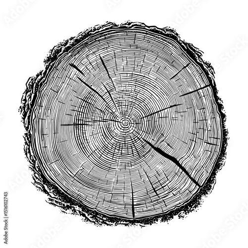 A tree log with visible rings is the subject of a detailed modern black and white illustration