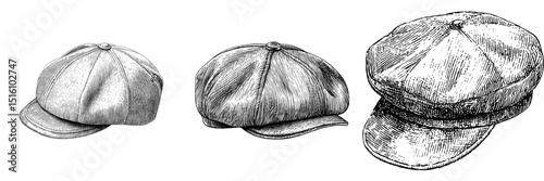 A vintage flat cap is depicted in a modern illustration with detailed black and white linework