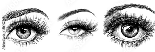 A detailed human eye with long eyelashes is depicted in a modern black and white sketch illustration