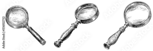 Modern illustration depicting a vintage magnifying glass with a intricately designed wooden handle