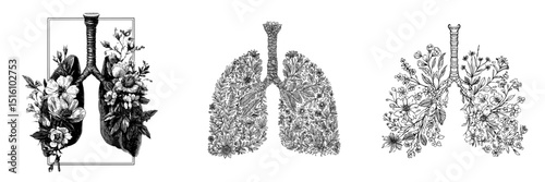 Intricate illustration of botanical lungs in black and white with modern floral accents