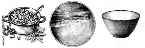 A metal bowl's detailed texture elements are showcased in a modern monochrome sketch illustration