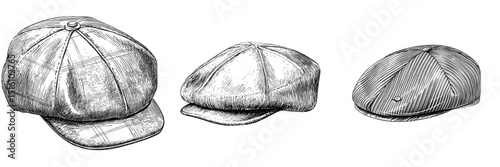 A classic flat cap is depicted in a vintage black and white sketch style illustration with a modern twist