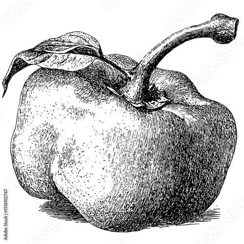 Detailed black and white engraving of a bell pepper is presented in a modern illustration with a vintage flair