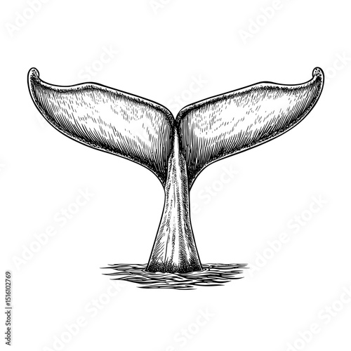 A modern illustration provides a detailed black and white representation of a whale tail visible above the ocean surface