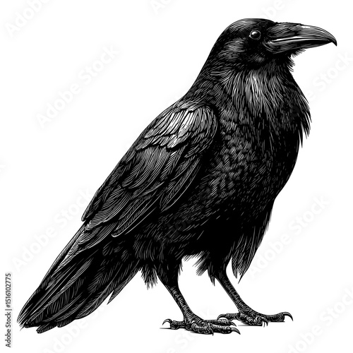 A detailed illustration in black and white depicts a raven standing, with its feathers rendered in texture, in a modern style