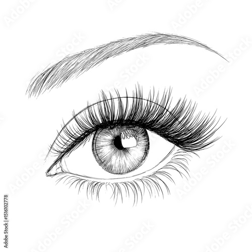 The modern illustration presents a detailed sketch of a human eye characterized by long lashes and expressive lines