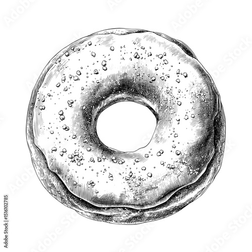 Detailed sketch of a donut with sprinkles, rendered in black and white, is depicted in a modern illustration with a vintage twist