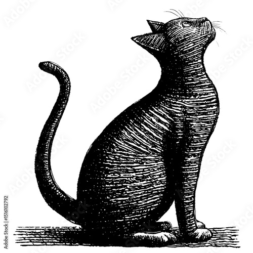 This modern illustration consists of a stylized black and white sketch, showcasing a sitting cat with a distinctive elongated tail