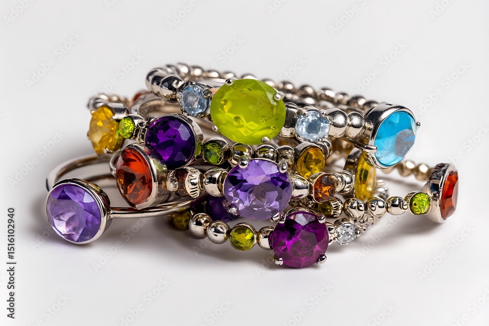 a collection of gemstone rings tumbling like colorful planets in slow motion, each reflecting unique facets, captured crisply against a pure a collection of gemstone rings tumbling like colorful planets in slow motion, each reflecting unique facets, captured crisply against a pure