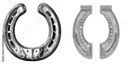 A black and white horseshoe outline is rendered in a vintage line art style on a white background, resembling a scratch board engraving