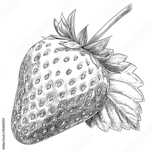 In vintage line art style, a strawberry fruit sketch appears as a black and white outline scratch board imitation on a white background