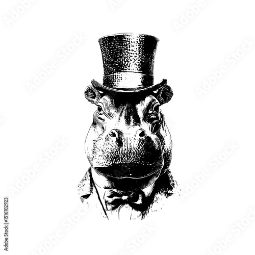 A black and white outline engraving of a hippopotamus wearing a top hat is rendered using a scratch board imitation process to create the image