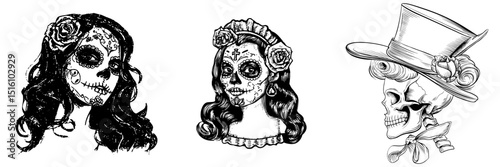A black and white outline sketch of a dead woman in a vintage line art style is presented on a white background, resembling a scratch board imitation engraving
