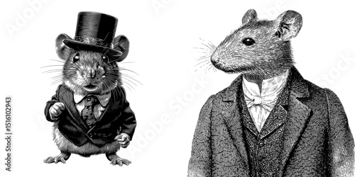 A frightening mouse dressed in a suit is depicted in a black and white outline engraving sketch, created in a scratch board imitation style, illustrated in vintage line art on a white background