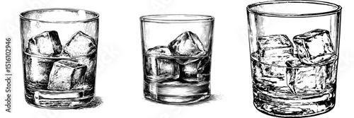 A sketch of a whiskey glass with ice, rendered in black and white, features an empty glass with a full ice cube, created using a scratch board technique to mimic an engraving