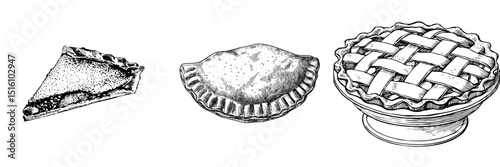The sketch of a pie is rendered in black and white outline through an engraving, imitating a scratch board
