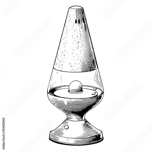 A vintage line art style illustration on a white background features a lava lamp sketch with a black and white outline, created as a scratch board imitation