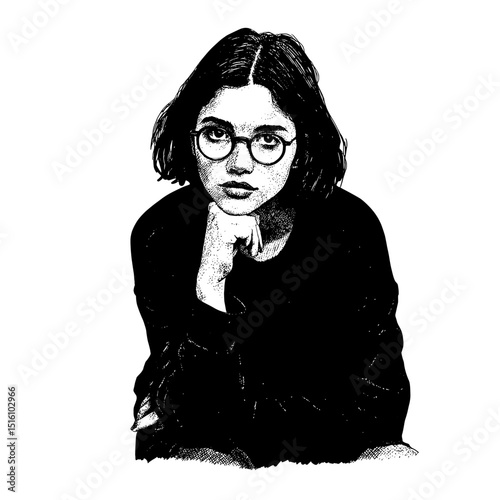A young woman wearing glasses is depicted in a grayscale sketch, lost in quiet contemplation