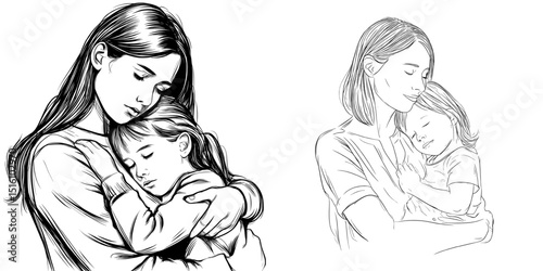 A detailed monochrome depiction shows a Caucasian woman embracing a young child in a loving and comforting manner