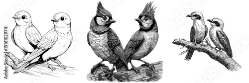 A grayscale sketch features two stylized birds calmly perched on a log