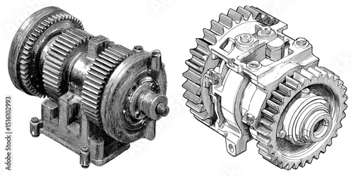 Monochrome illustration of interlocking gears demonstrating mechanical engineering principles