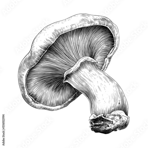A black and white sketch of a mushroom is detailed, with the cap and gills prominently featured