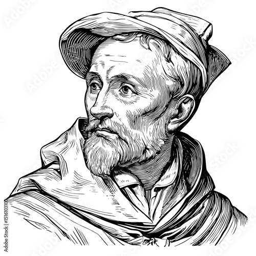 Detailed engraving captures the image of a bearded man in profile wearing a hat
