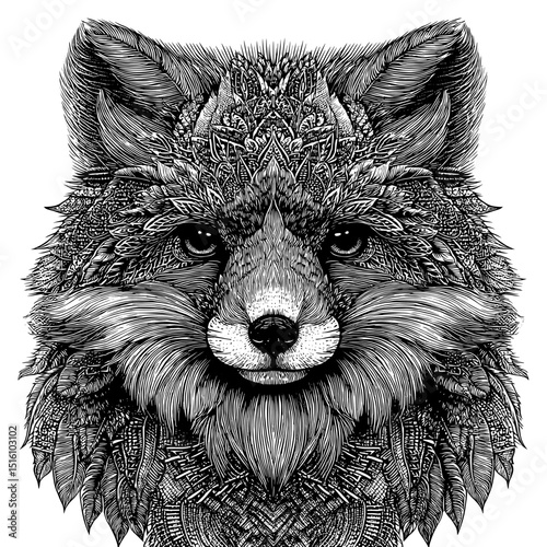 An intricate engraving of a fox's head is depicted in a black and white illustration
