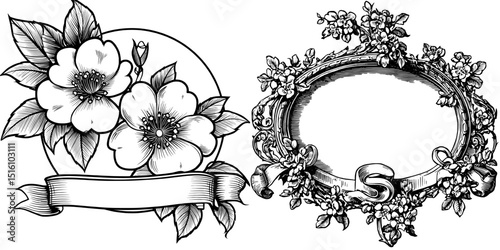 Vintage floral engraving is paired with a blank ribbon to accommodate custom text