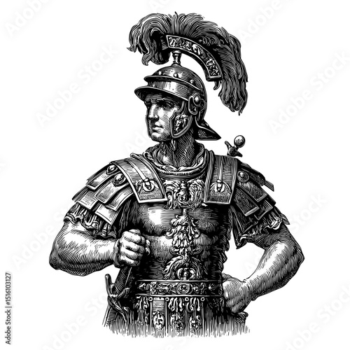 A Roman soldier wearing a feathered helmet is the subject of a detailed engraving