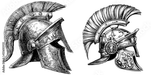 A gladiator helmet adorned with decorative elements is shown in a vintage engraving