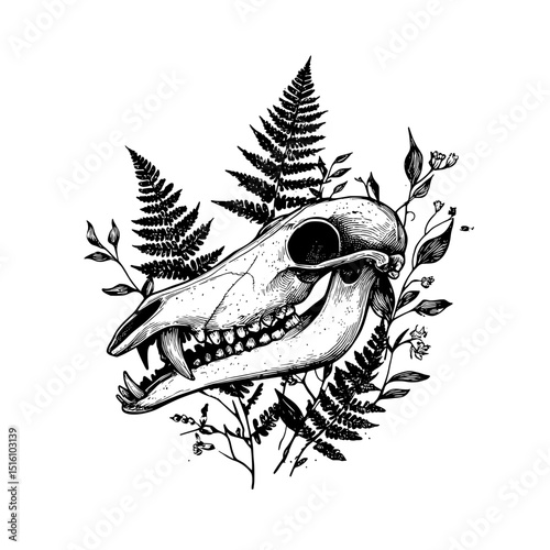 Engraving of an animal skull with a border of fern leaves, created in fine detail