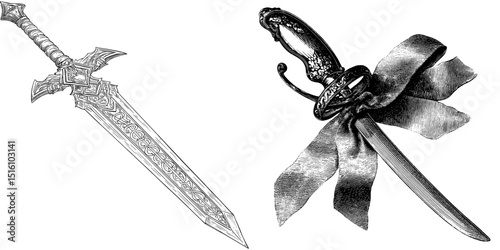 A decorative sword accompanied by a ribbon is the subject of a detailed illustration engraving