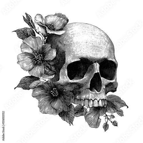 An intricate engraving features a skull surrounded by flowers and leaves in a decorative pattern