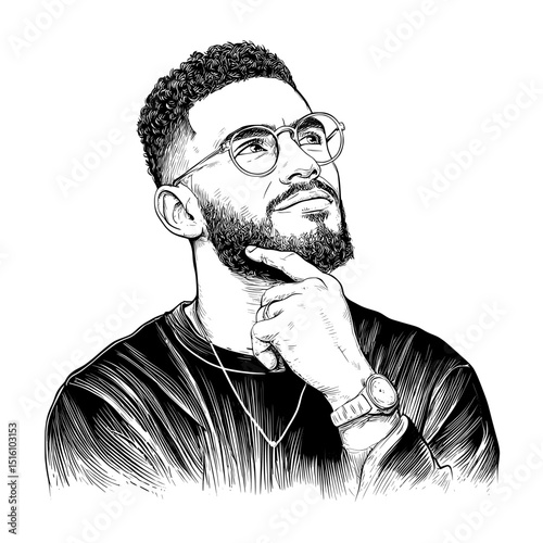 A thoughtful stylish man in glasses is depicted in an artistic engraving illustration