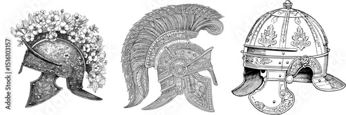 A Roman Soldier Helmet with Florals is Depicted in Detailed Illustration